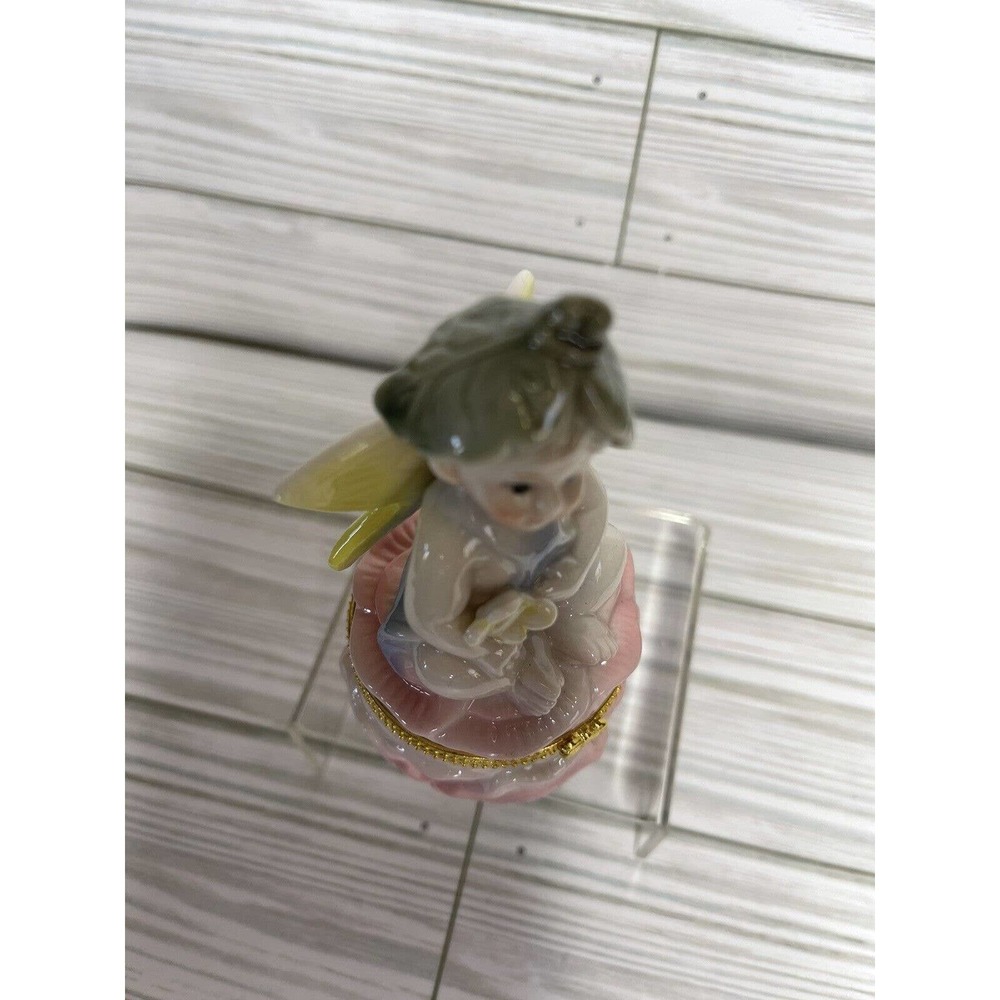 Vintage Hinged Trinket Box Fairy Angel Cherub Pink Yellow Florals 5.25" - Picture 5 of 9